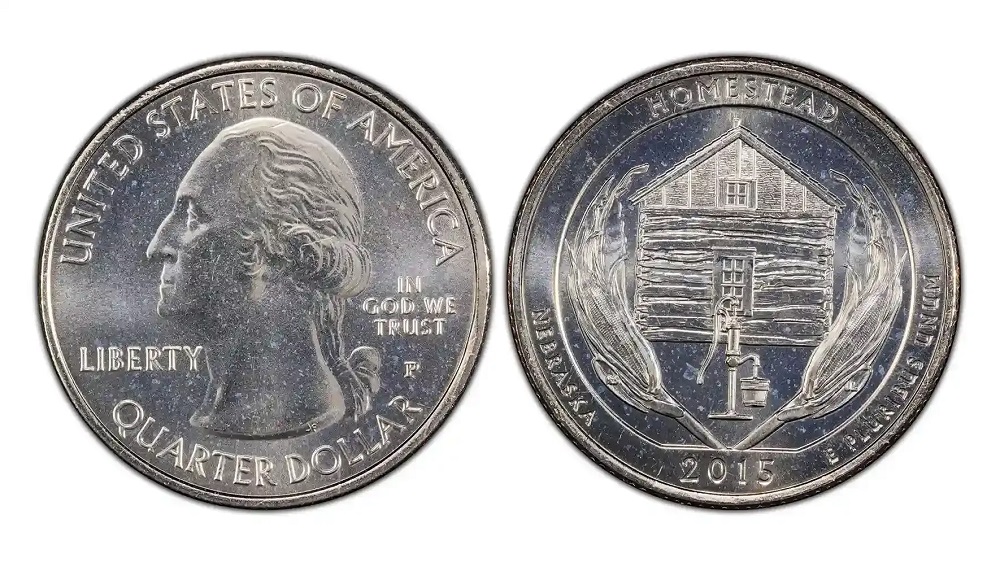 Side-by-side comparison of normal 2015-P Homestead quarter vs. Leaky Bucket die chip variety