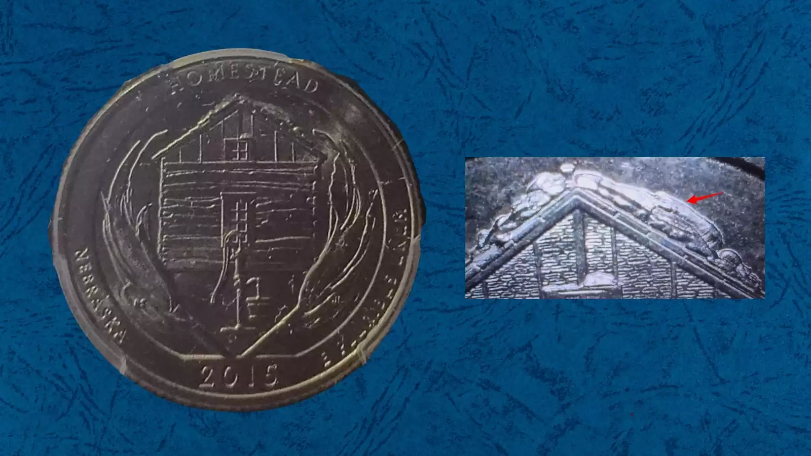 Close-up of 2015-P Homestead quarter reverse showing the Leaky Bucket die chip error at the bucket base