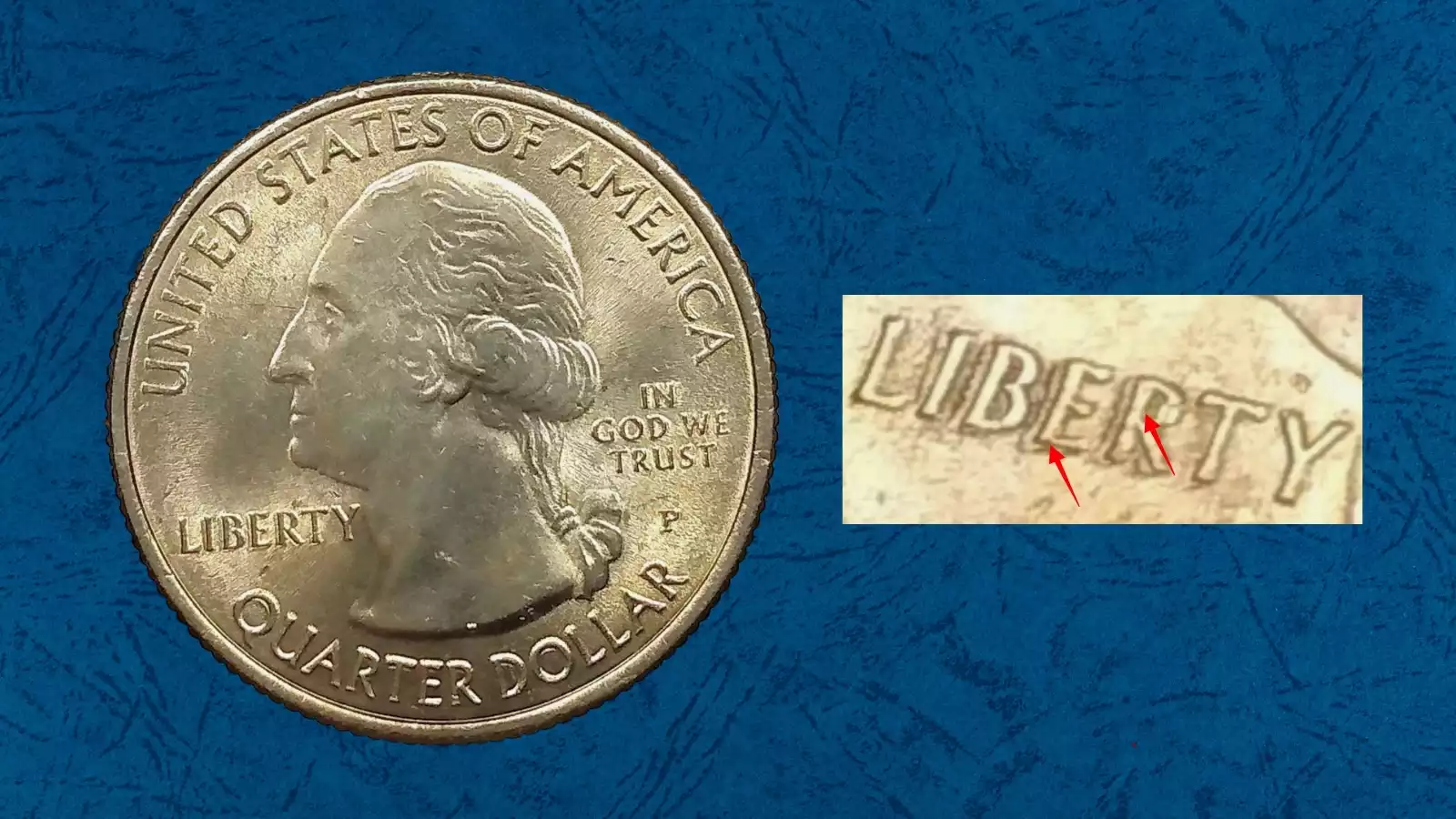 Close-up of 2015-D Kisatchie quarter reverse showing doubled die reverse lettering under magnification