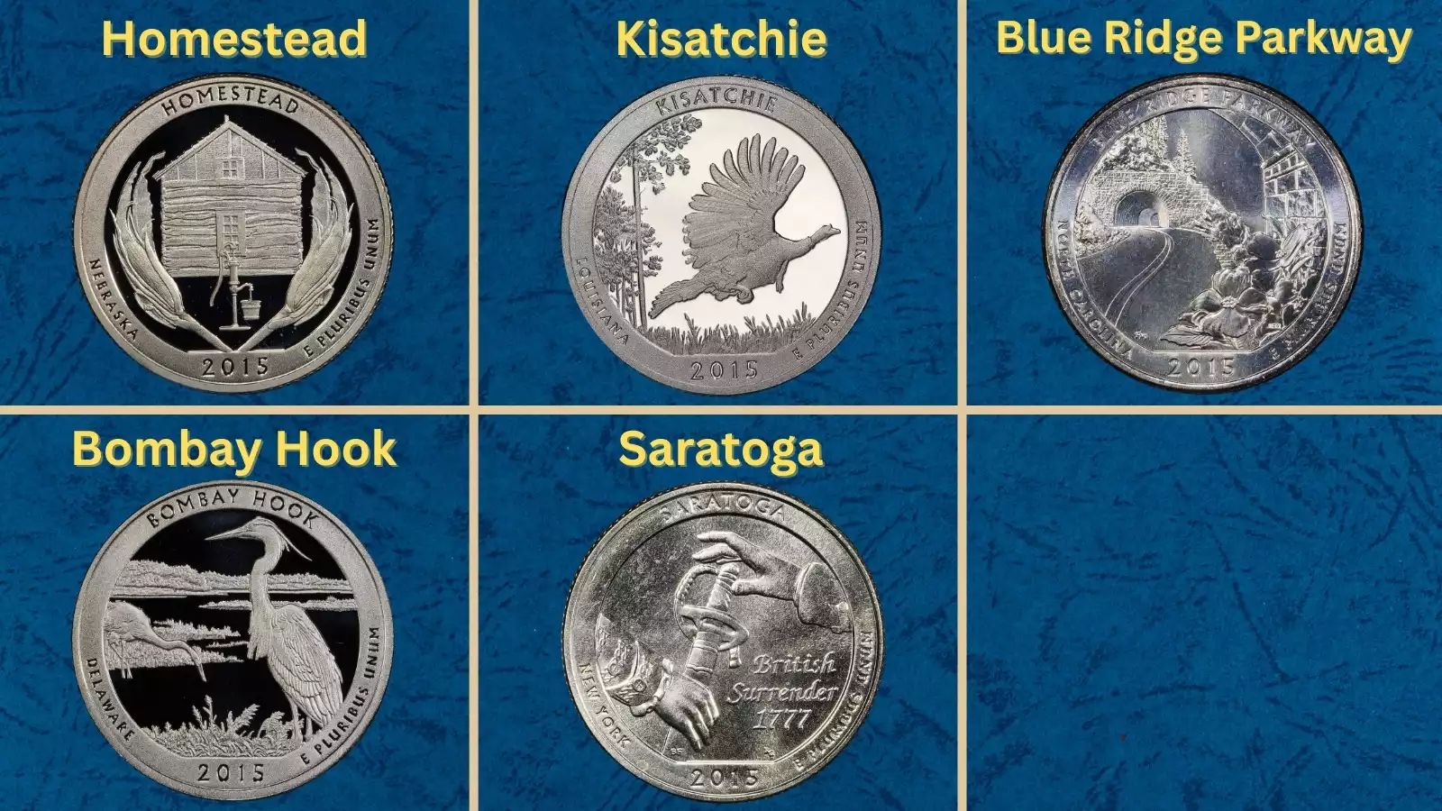 All five 2015 America the Beautiful quarters showing Homestead, Kisatchie, Blue Ridge, Bombay Hook, and Saratoga reverse designs