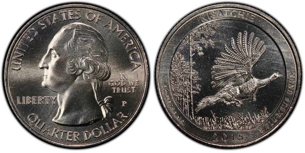 Grading strip showing 2015 quarter in four condition grades from worn circulated to gem uncirculated MS-67
